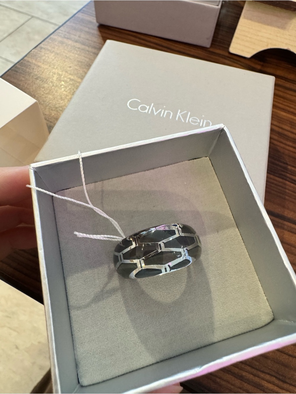 Calvin Klein Polished Silver Hex Link Ring